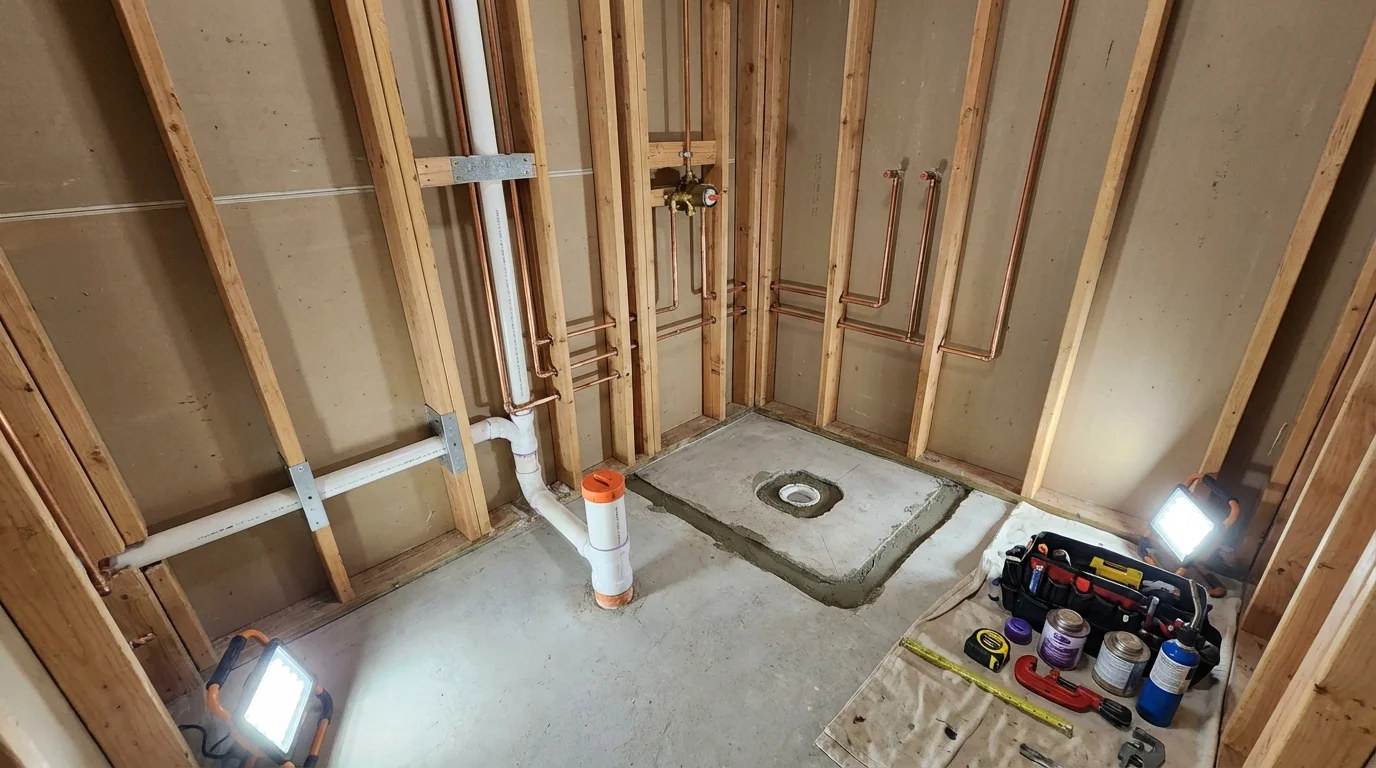 Bathroom rough-in plumbing during remodel by Johns Plumbing LLC in Waukee