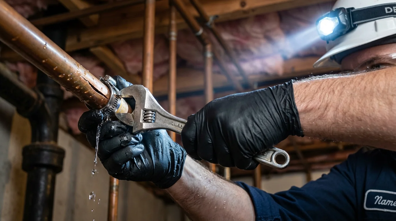 Emergency pipe clamp repair being performed by a Johns Plumbing LLC plumber in Waukee