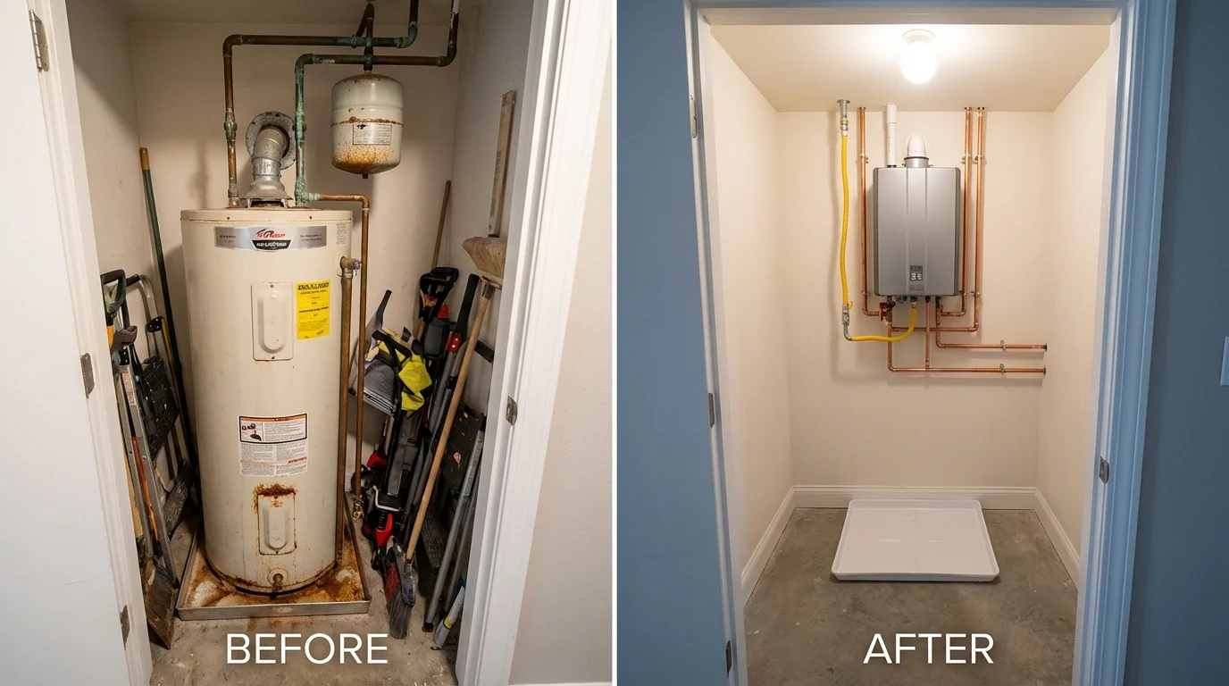 Tank water heater versus wall-mounted tankless unit comparison for Waukee, IA homeowners