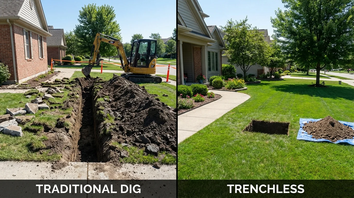 Trenchless sewer repair with minimal yard damage versus traditional excavation in Waukee, IA